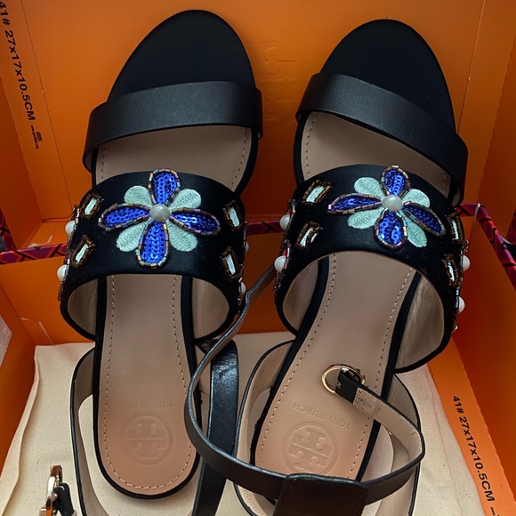 Tory Burch Estella Crystal Embellished Leather Wedge Sandals - Picture 4 of 5